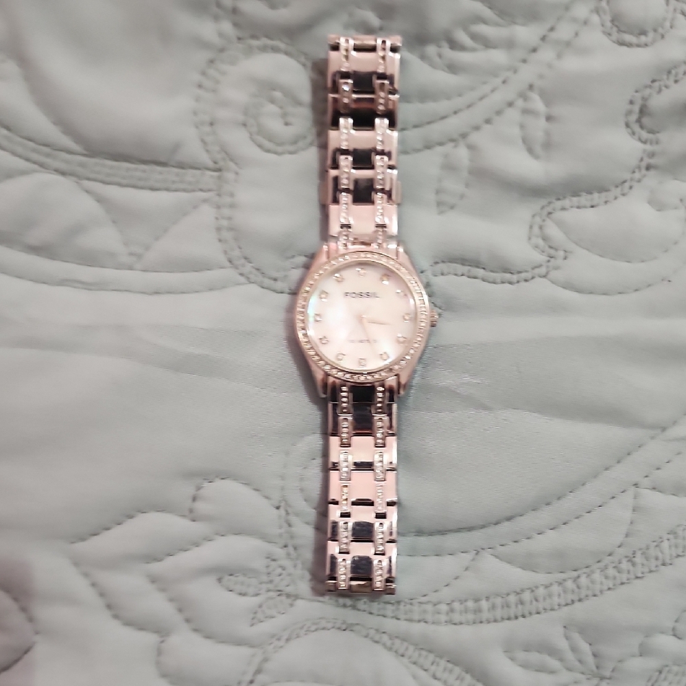 FOSSIL Silver-Tone Watch with Iridescent Face and Crystal Accents